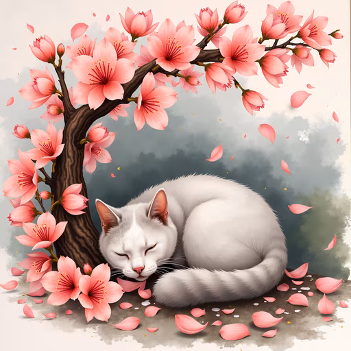 Cherry Blossom Cat Illustration