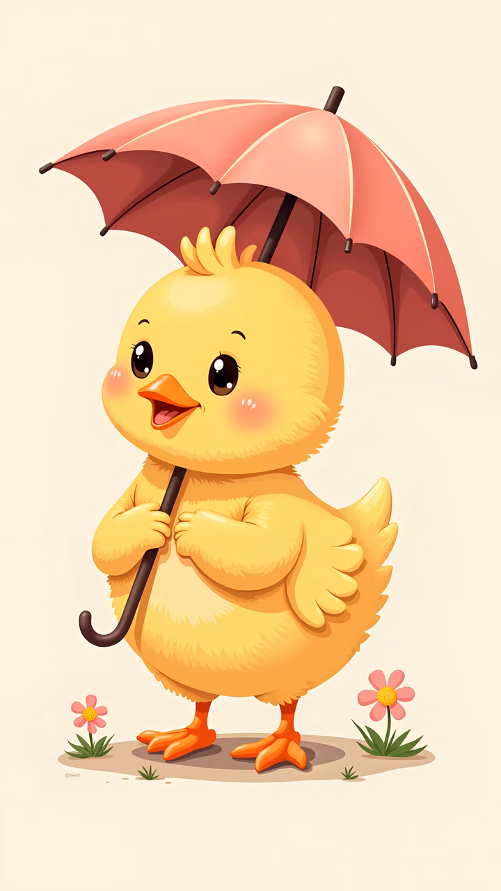A cute chick holding a red umbrella in a springtime setting.
