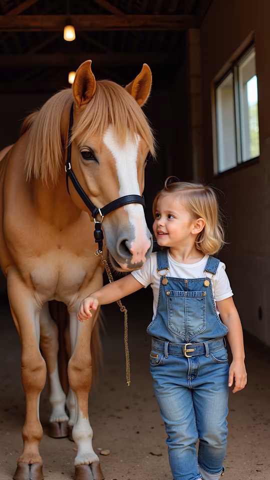 Child and Horse in Barn