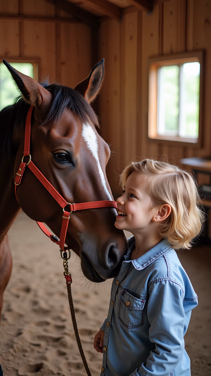 A young child and a horse share a tender moment in a rustic barn setting.