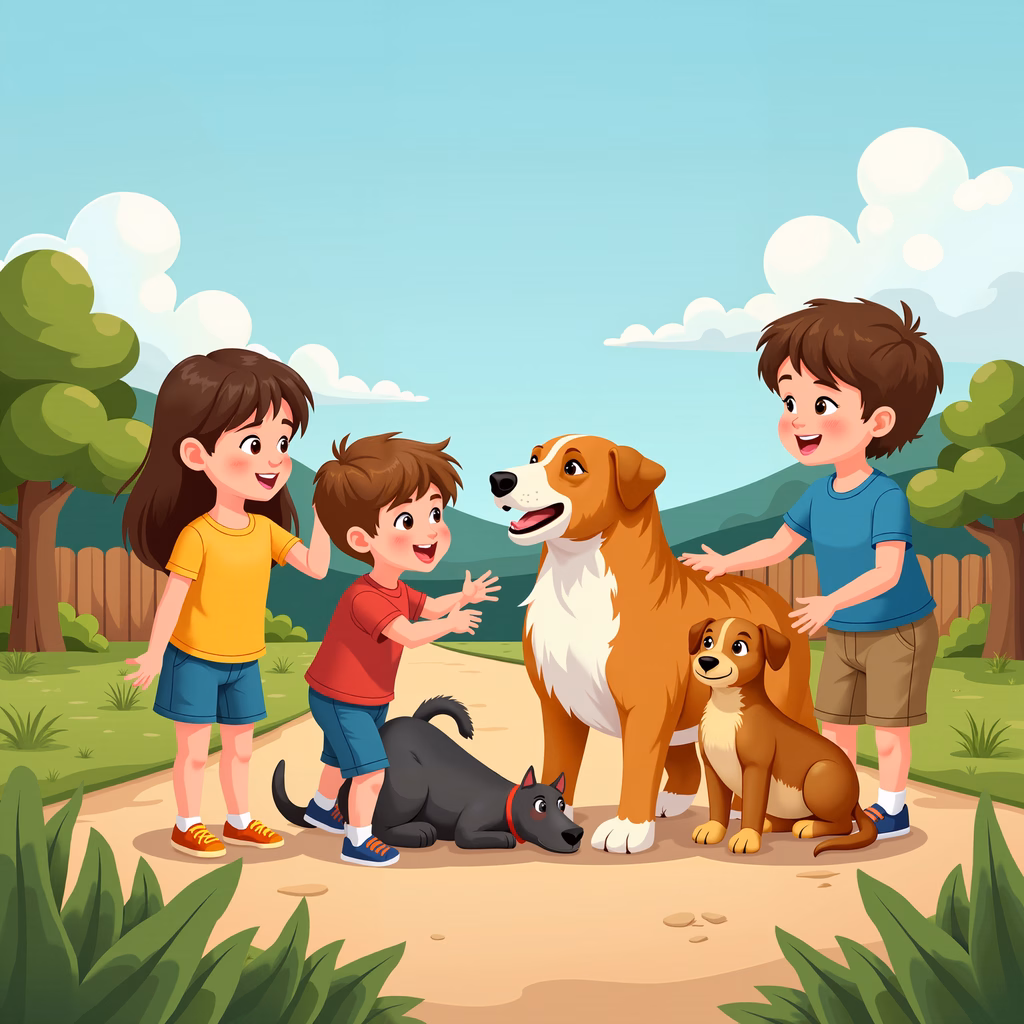 Three children enjoying playful moments with their dogs in a bright, cheerful outdoor scene.