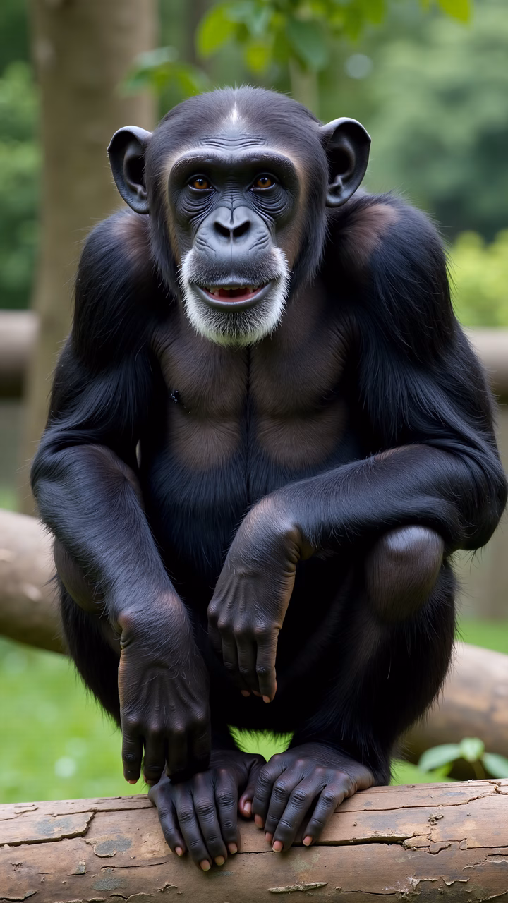Close-up portrait of a chimpanzee sitting on a log, highlighting its expressive face and detailed fur texture.