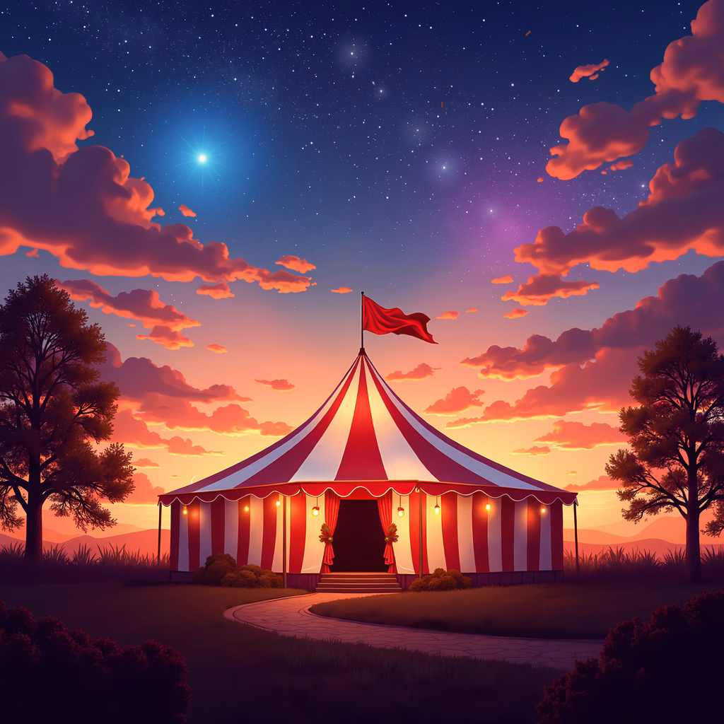 A magical circus tent at sunset, blending whimsy and enchantment.