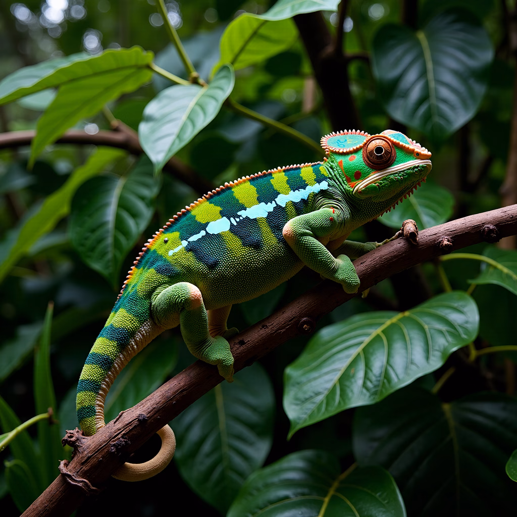 Vibrant chameleon in lush greenery
