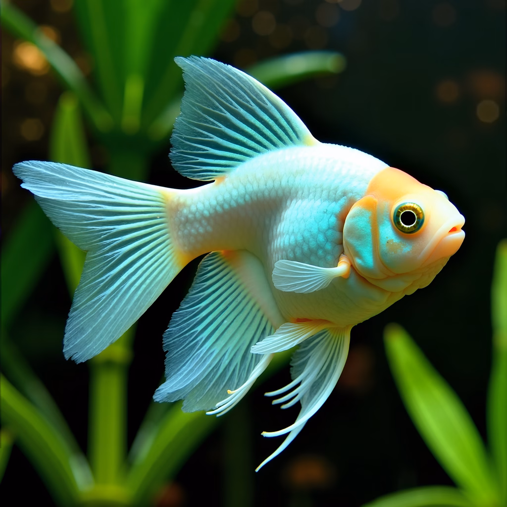 Close-up of a colorful goldfish in an aquarium setting.