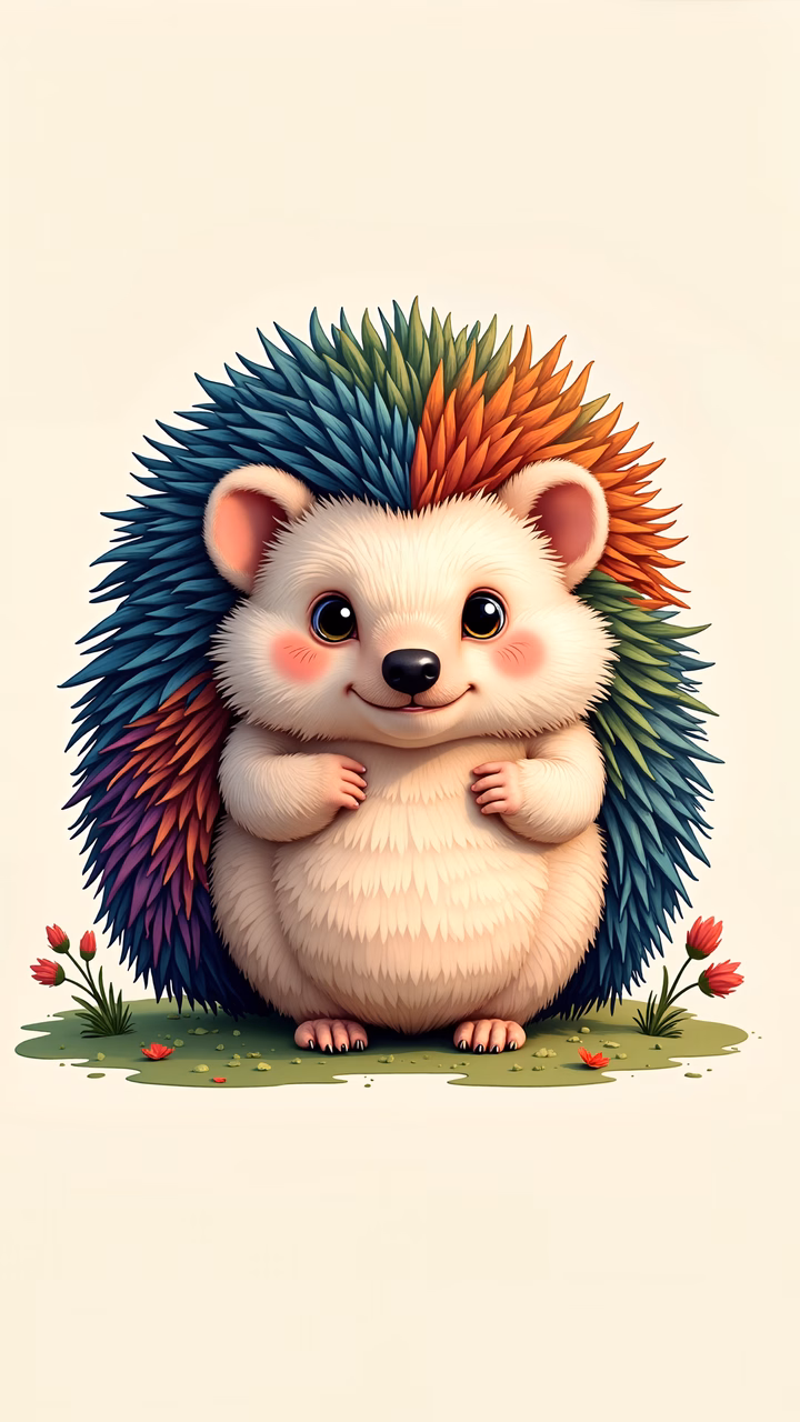 A cute, colorful hedgehog with rosy cheeks and expressive eyes, surrounded by flowers and foliage.
