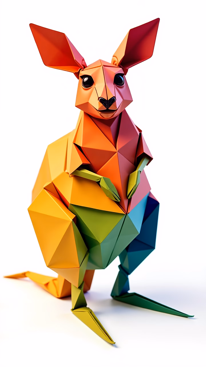 Vibrant origami kangaroo with colorful geometric folds, playful and energetic.