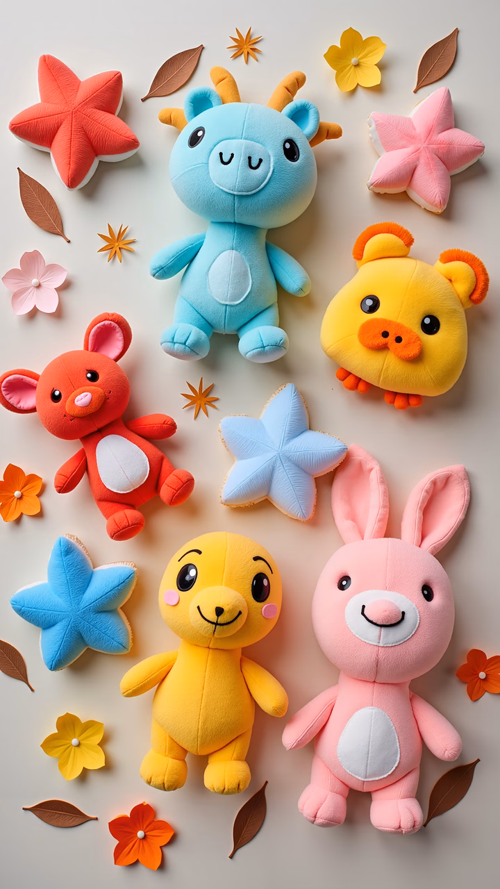 Brightly colored plush toys arranged with autumn leaves and stars, creating a cheerful and playful scene.