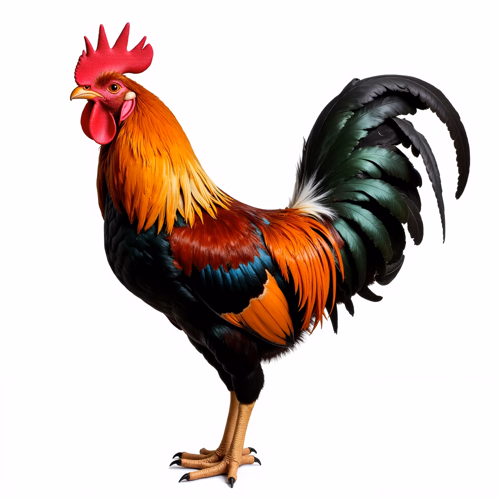 Vibrant rooster illustration with colorful plumage and detailed features.