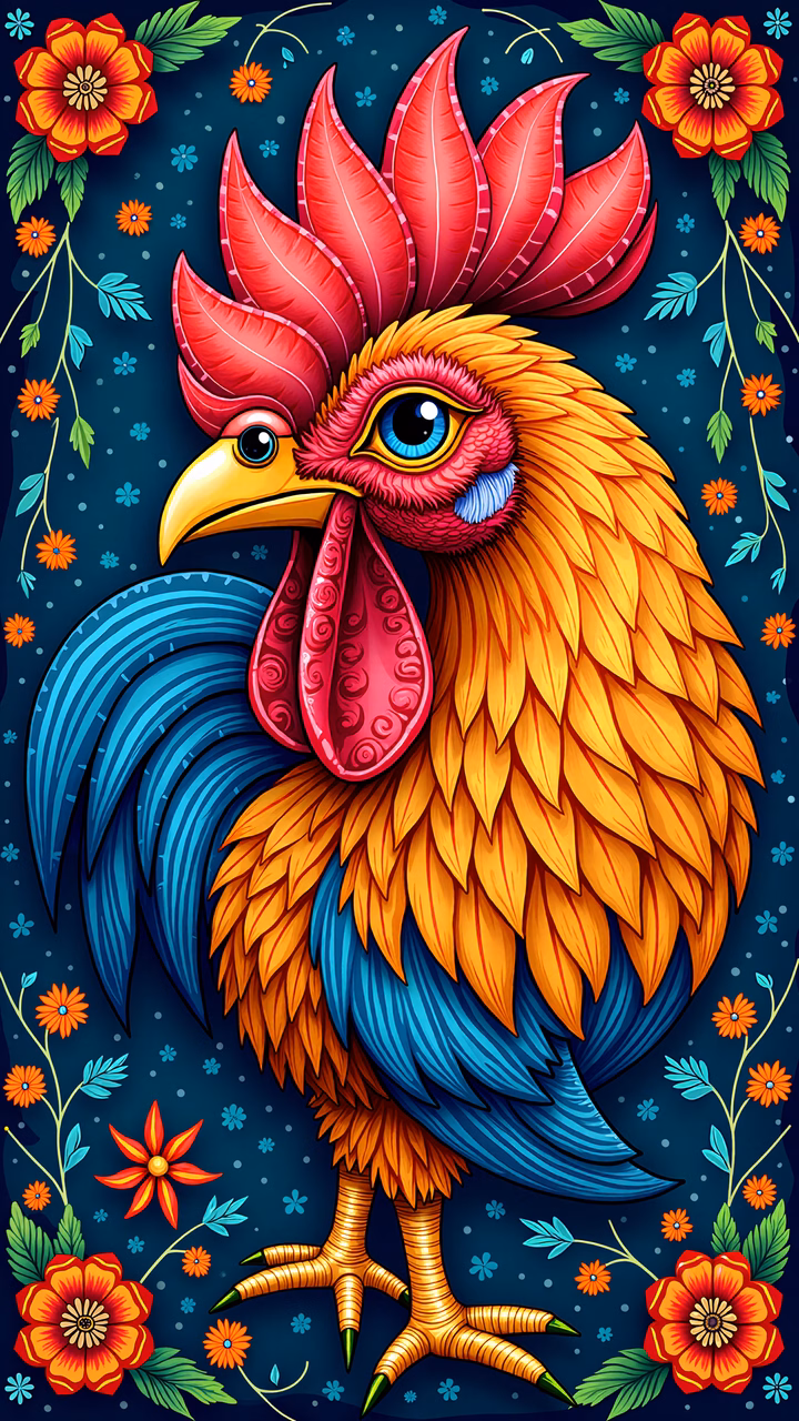 Vibrant rooster illustration with colorful floral border and expressive eyes.