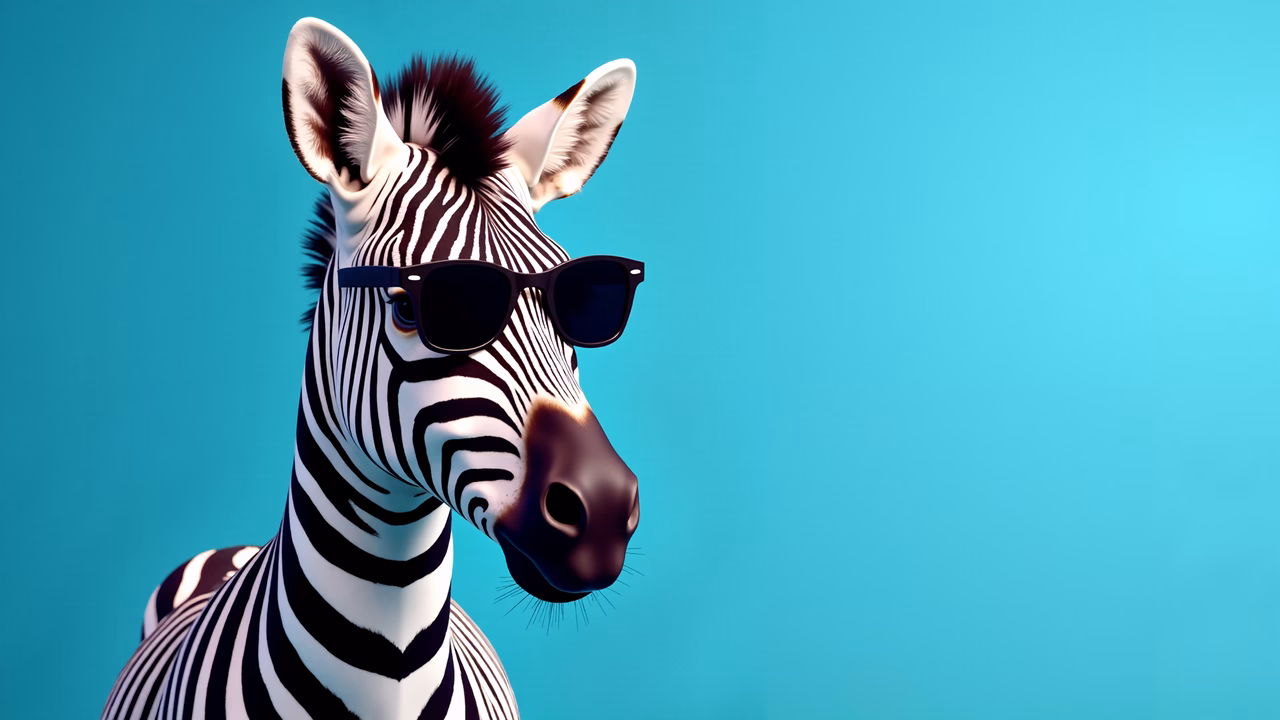 Cool zebra wearing sunglasses on a turquoise background.