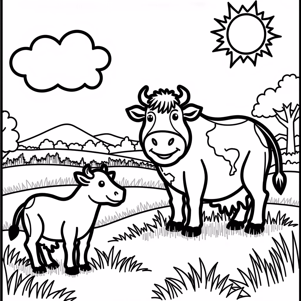 A cute cow and calf in a serene countryside setting.