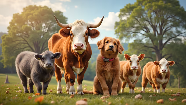 Cows and Puppy in Pastoral Setting