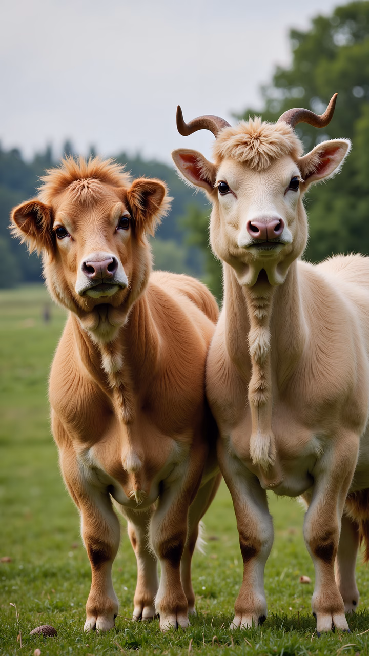 Two cows standing together in a peaceful pastoral setting.