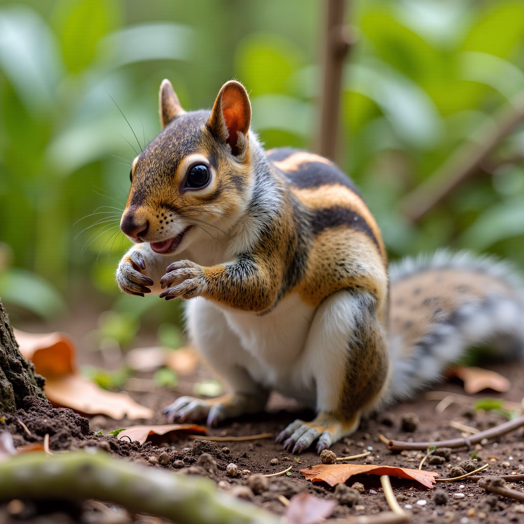 Curious chipmunk in a forest setting, capturing wildlife in detail.