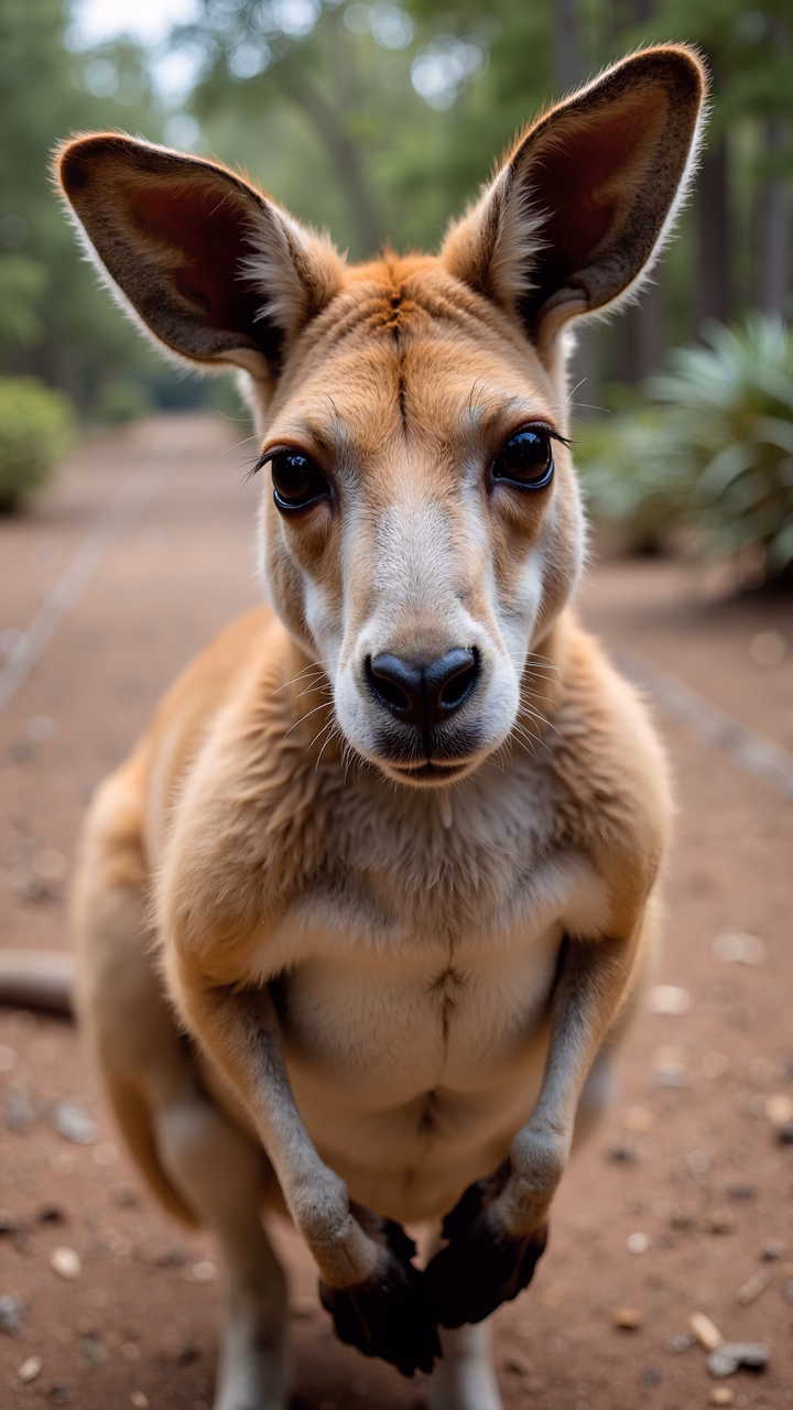 Close-up of a curious kangaroo in a natural setting.