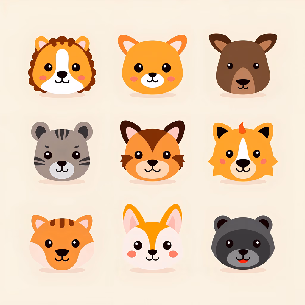 Cute animal faces in a playful cartoon style
