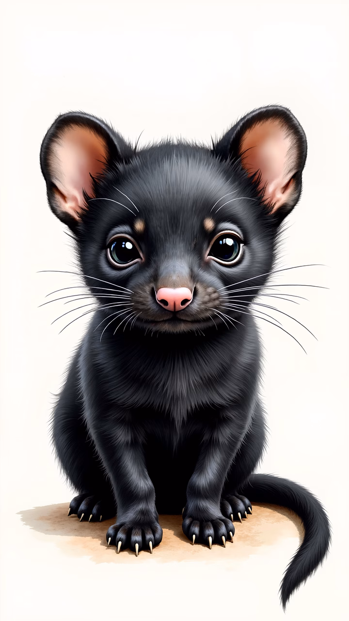 A cute black kitten with expressive eyes and a pink nose, rendered in a whimsical style.