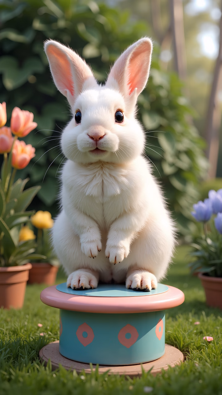 A cute bunny sitting on a colorful pedestal in a garden filled with flowers.
