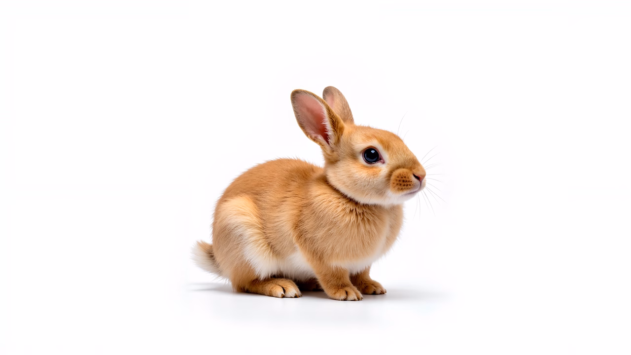 A close-up of a cute bunny against a white backdrop, capturing its soft fur and expressive eyes.