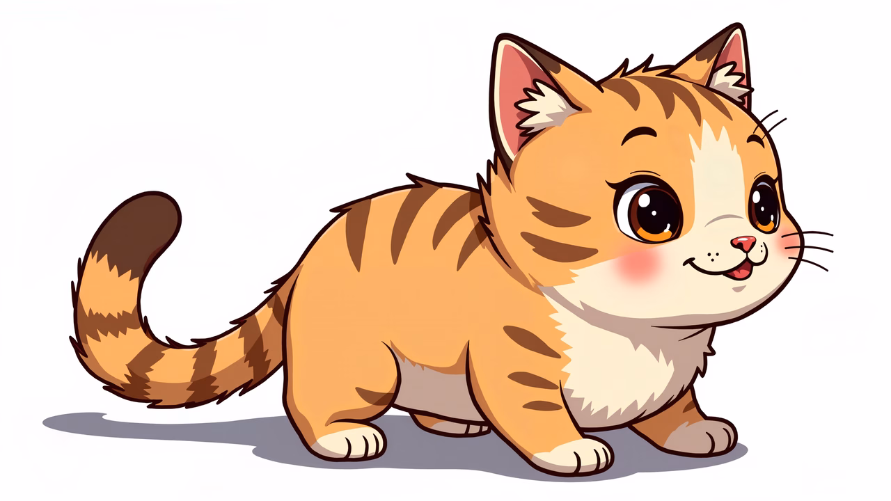 A sweet, cartoon-style kitten with big eyes and a happy expression.