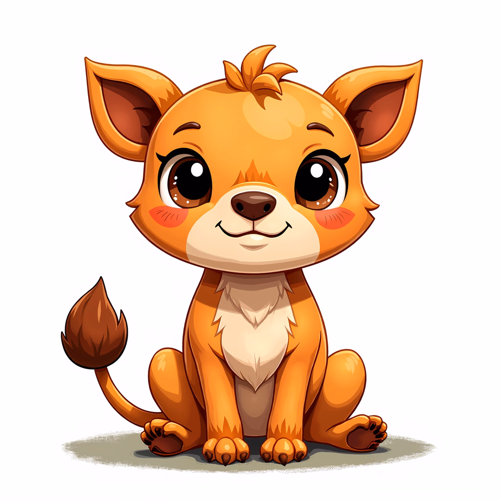 A delightful cartoon lion cub with big eyes and a warm smile.
