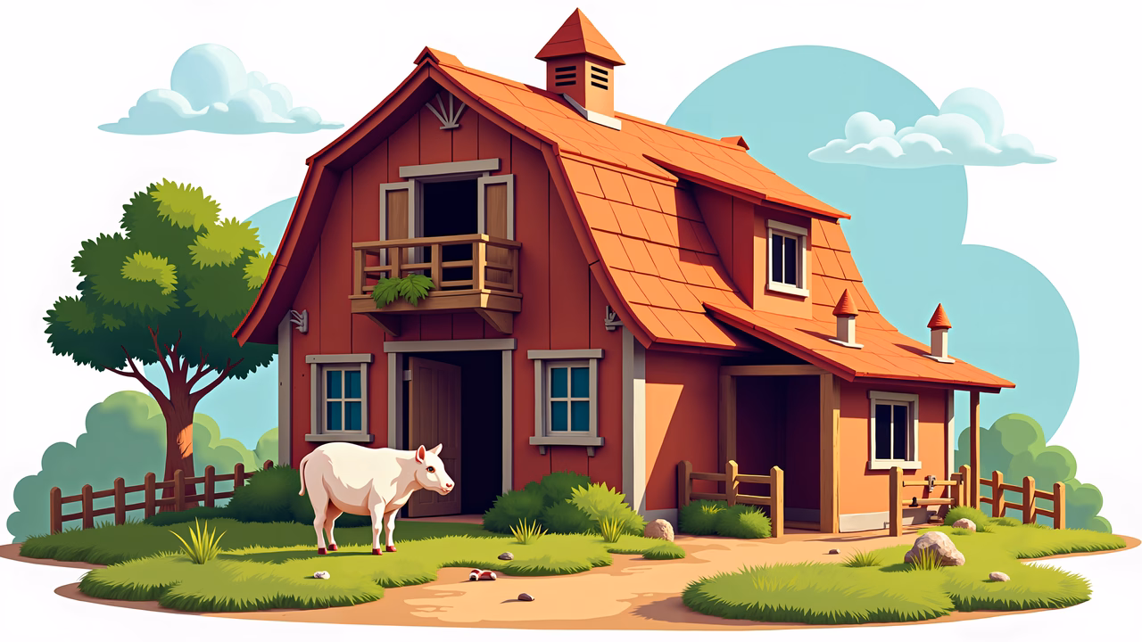 A cute farm scene with a red-roofed house and a friendly cow.