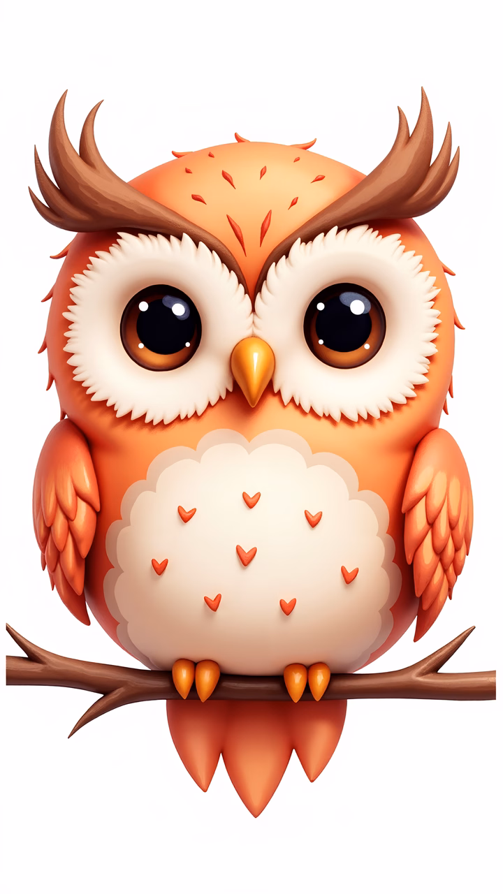 A sweet, heart-adorned owl perched on a branch, perfect for children's decor.