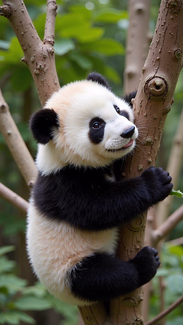A charming panda cub exploring a tree branch in a natural setting.