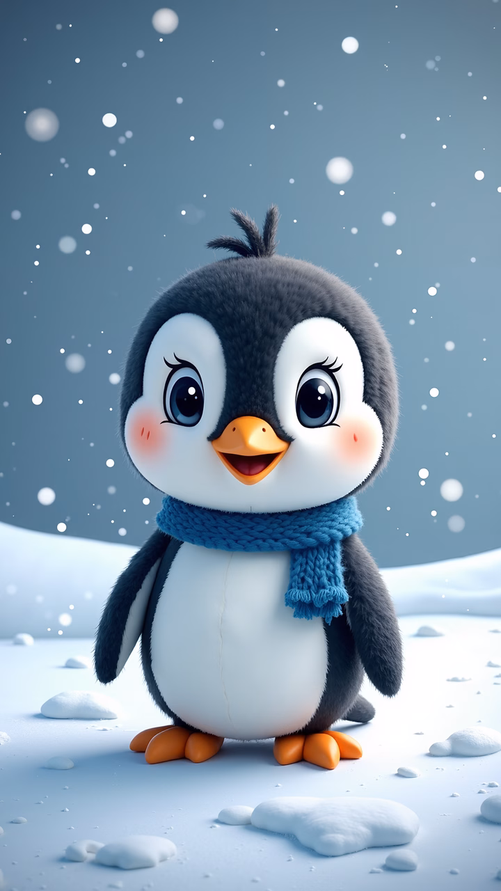 A cute penguin in a snowy winter scene, wearing a blue scarf.