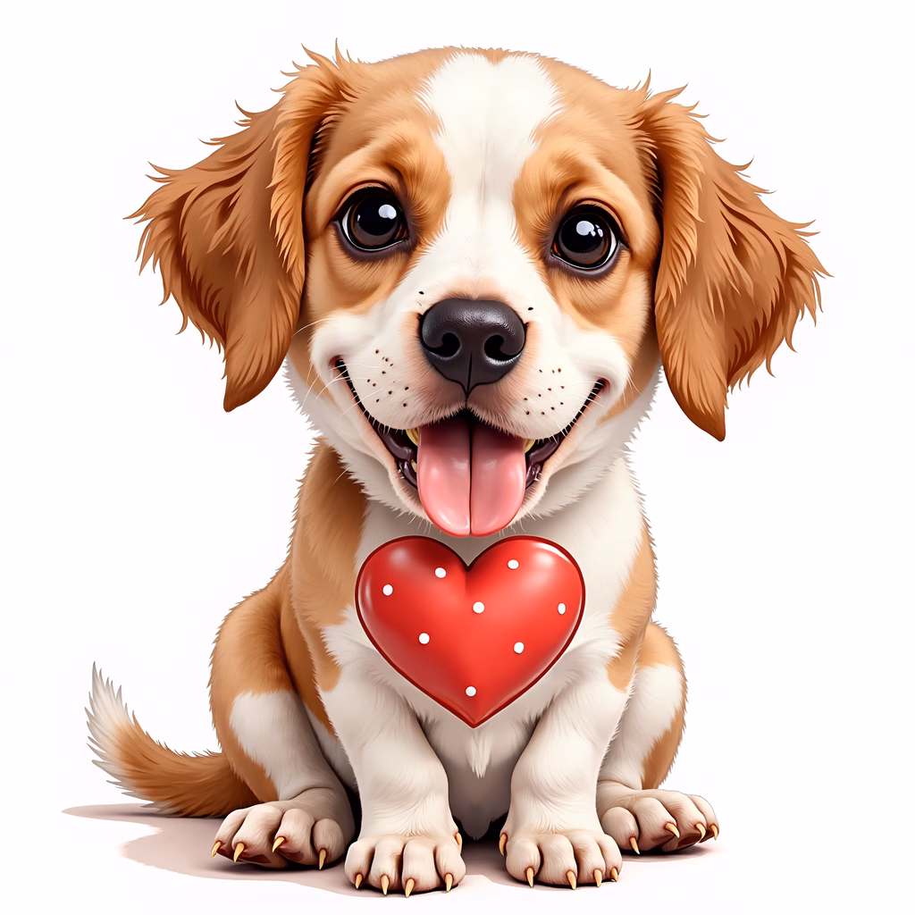 A cute puppy holding a heart, symbolizing love and affection.