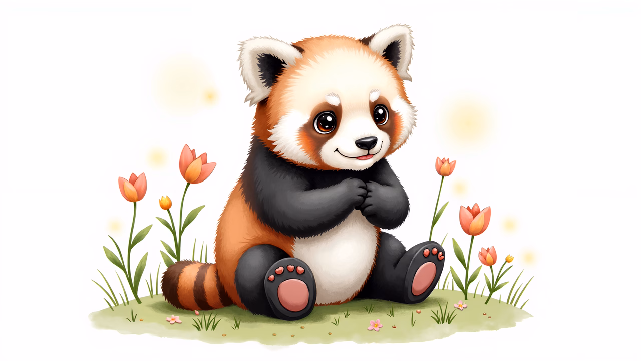 A cute red panda sitting amidst blooming flowers, exuding warmth and tranquility.