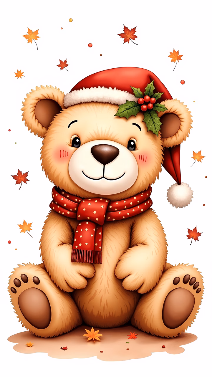 A cute teddy bear wearing a Santa hat and scarf, surrounded by autumn leaves, perfect for holiday-themed art.