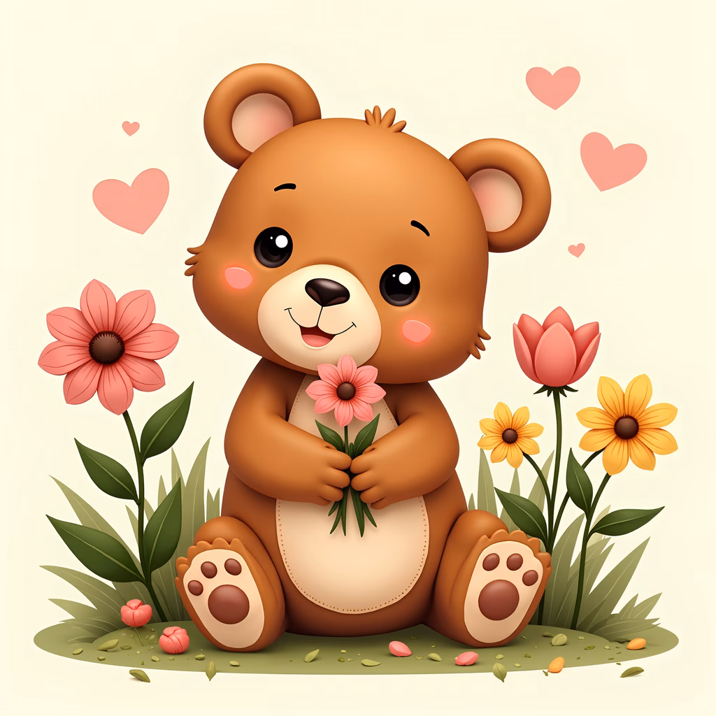 A sweet teddy bear holding a flower in a colorful garden setting.