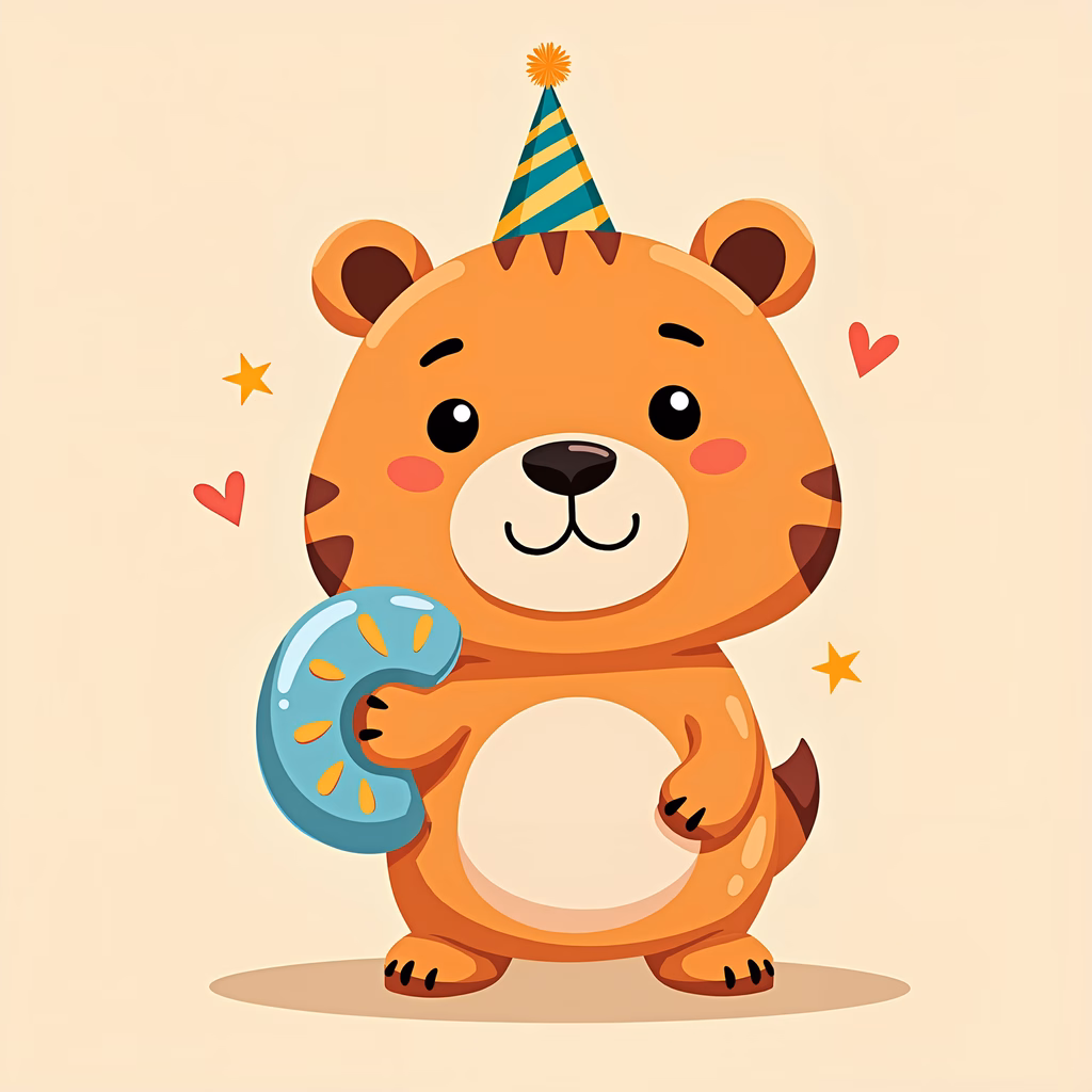 A cute tiger celebrating with a donut and party hat!