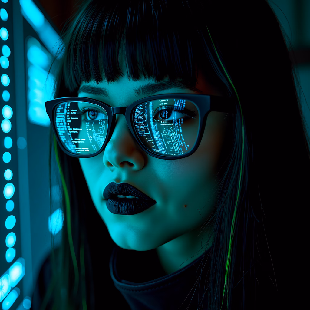 Futuristic cyberpunk woman with glowing glasses reflecting digital code in neon-lit environment.