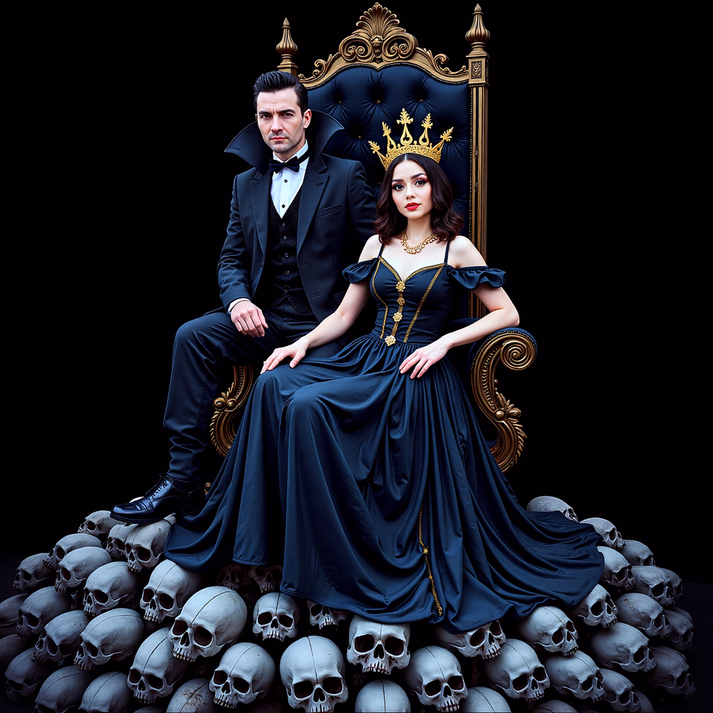 Elegant couple on a throne amidst skulls, dark fantasy.