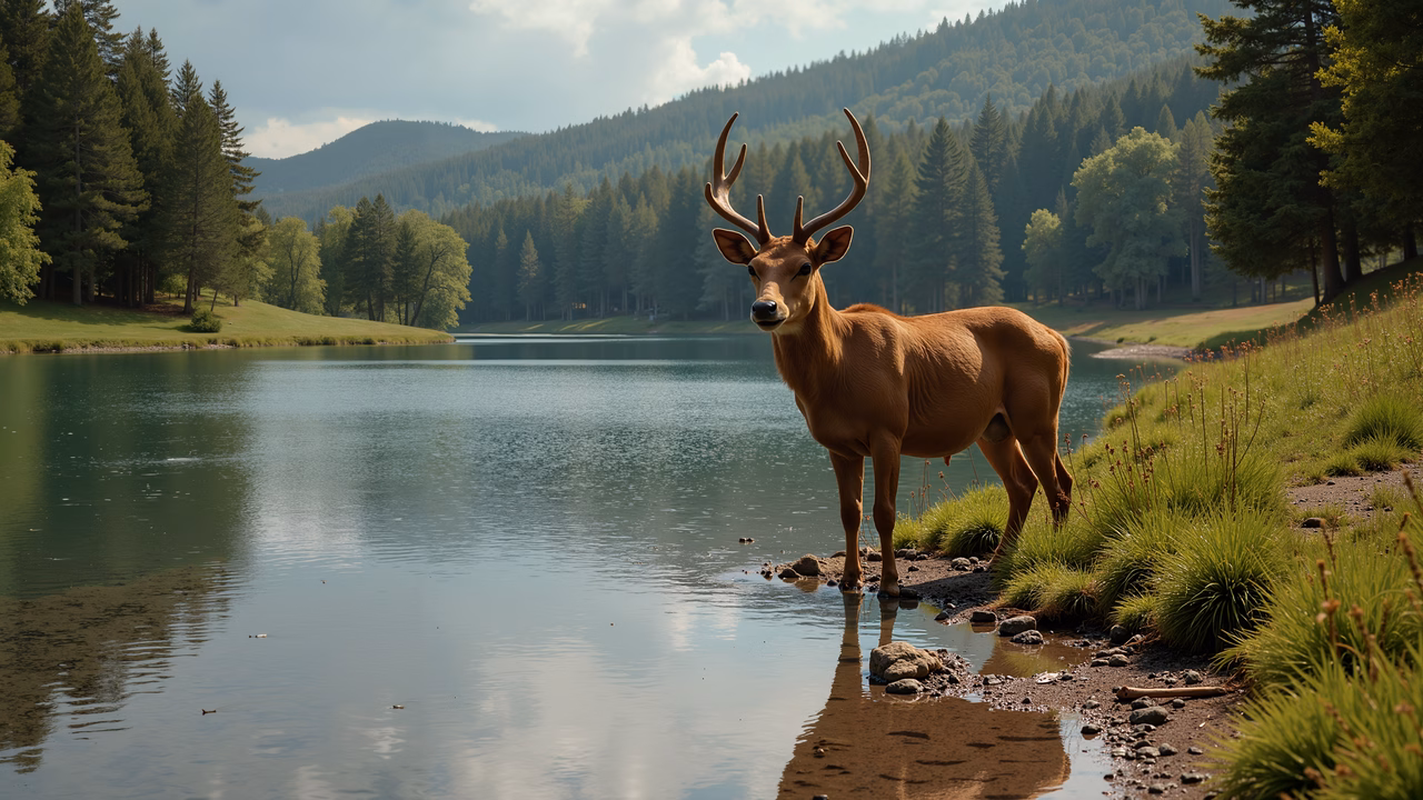 A serene lakeside scene featuring a deer standing by the water, surrounded by nature.