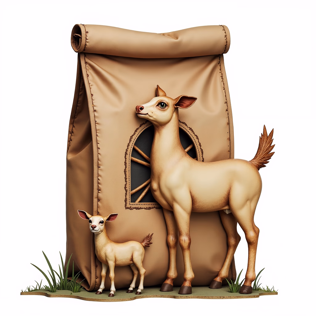 A tender moment between a mother deer and her fawn, captured in a whimsical illustration.