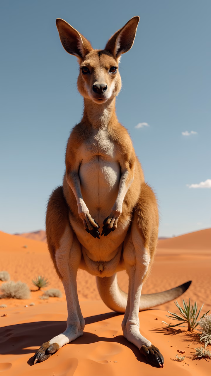Close-up of a kangaroo in a desert setting, showcasing wildlife and natural beauty.