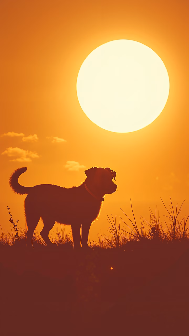 Silhouetted dog against a stunning sunset, evoking tranquility and companionship.