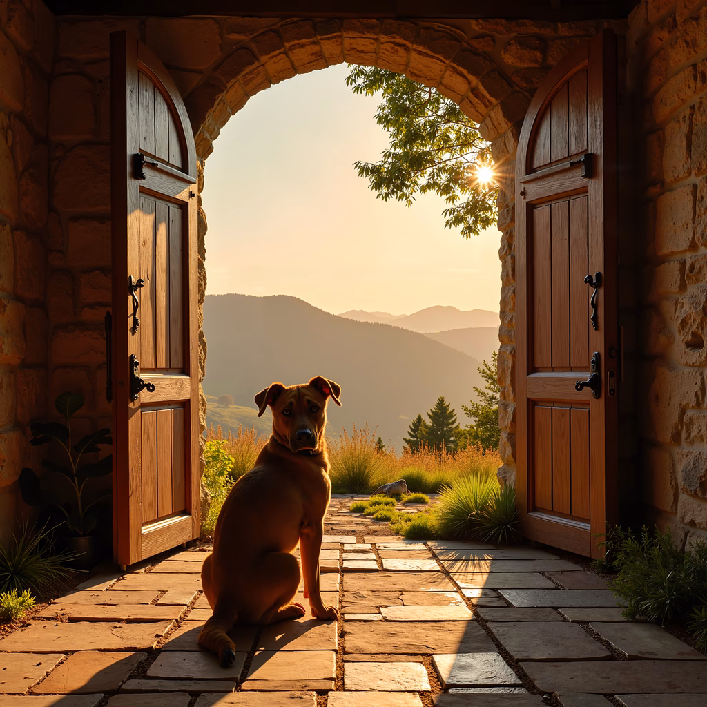 A dog patiently waits at the door under the warm glow of the setting sun.