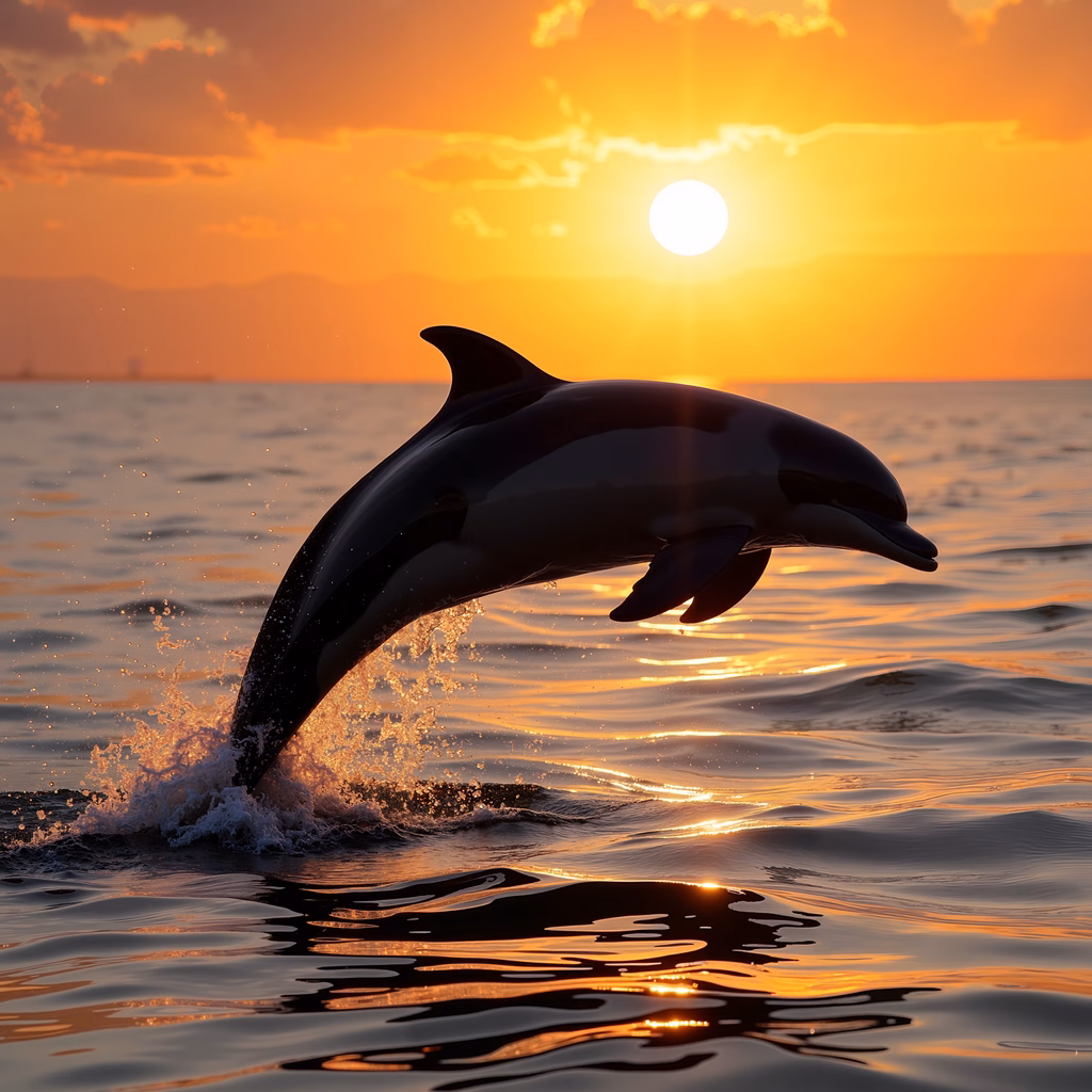 A dolphin leaping into a sunset-filled sky, symbolizing freedom and joy.