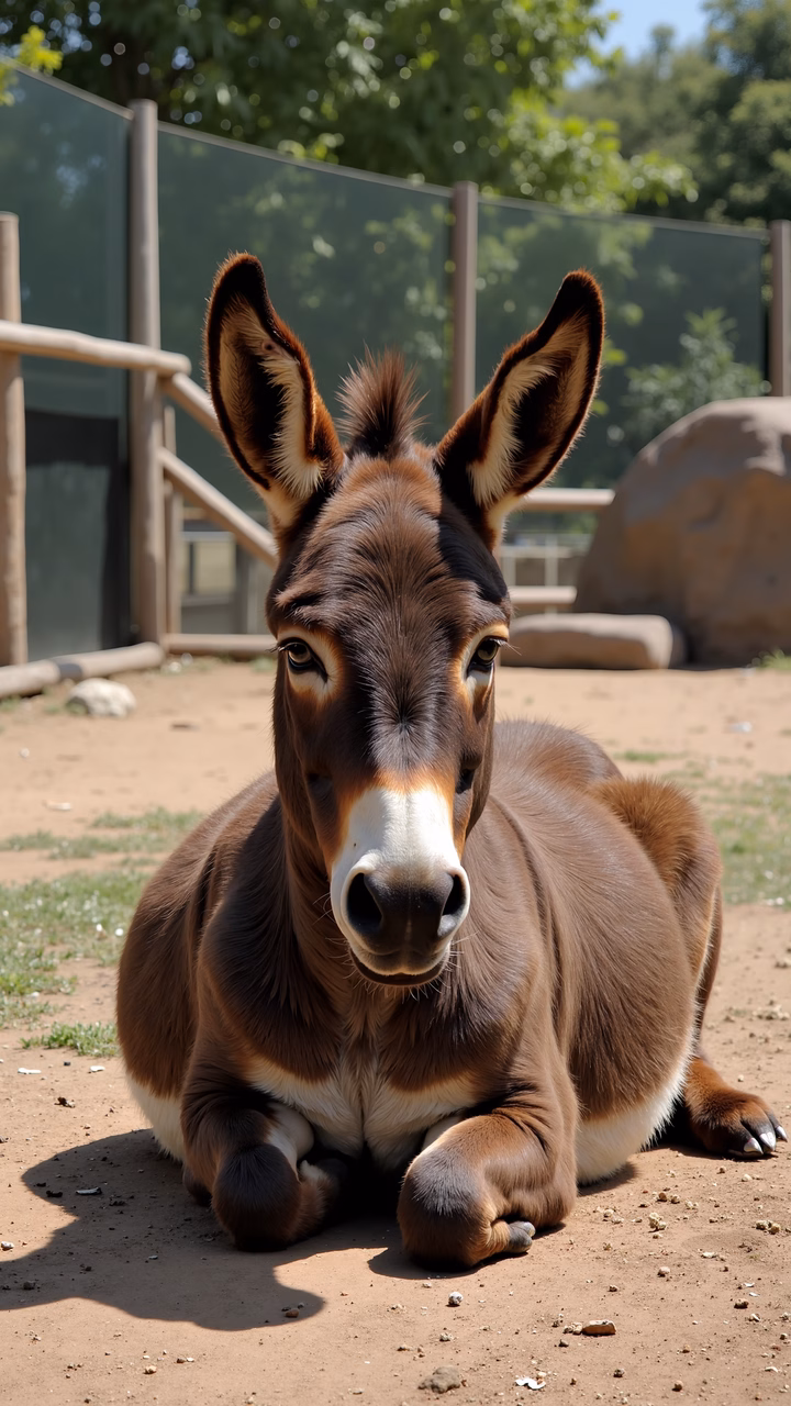 A calm donkey resting in a sunny enclosure.