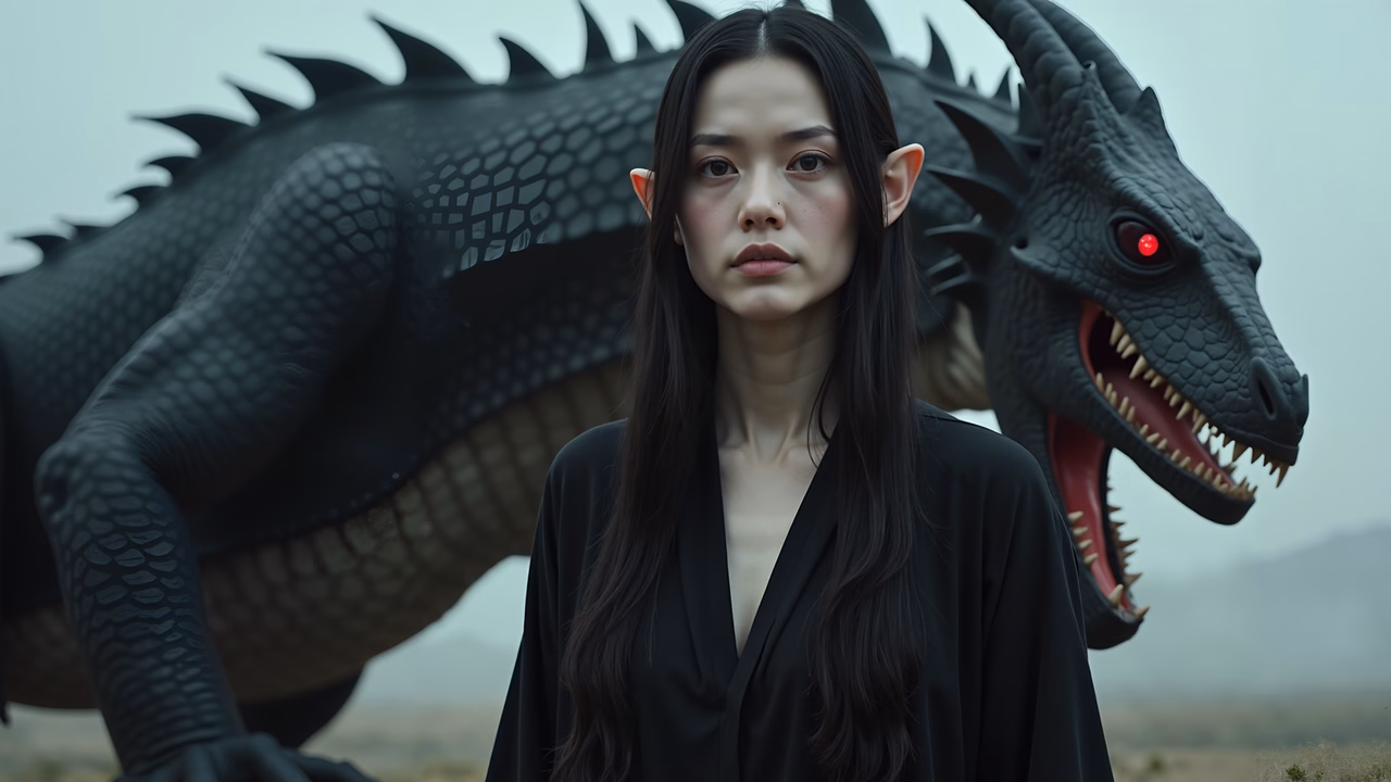 Woman in front of a guardian dragon, dramatic fantasy scene.