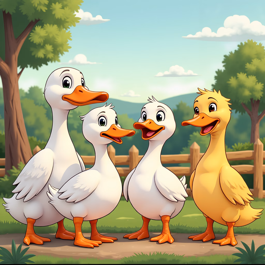A happy duck family enjoying a sunny day in nature.