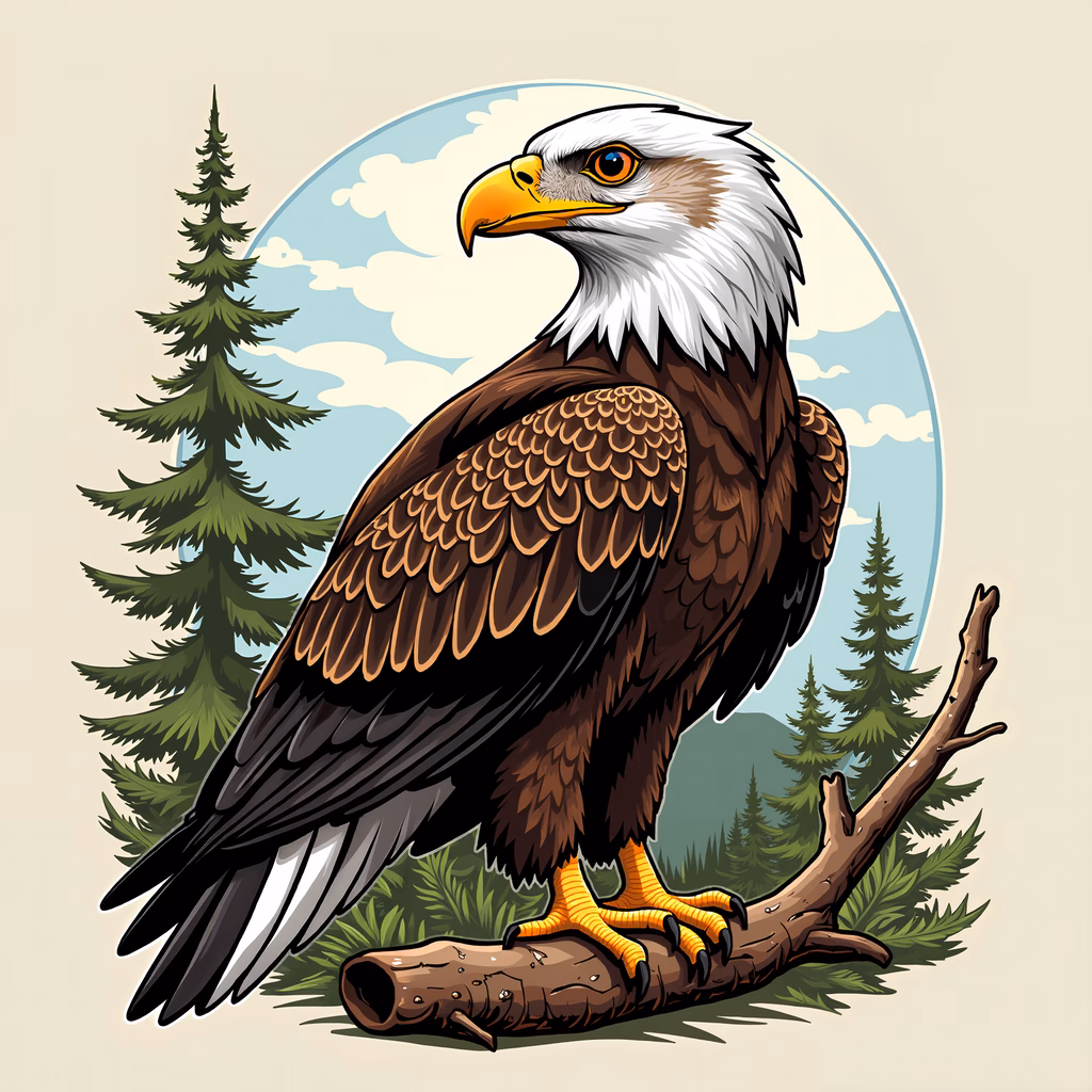 Majestic eagle perched amidst serene forest scenery.