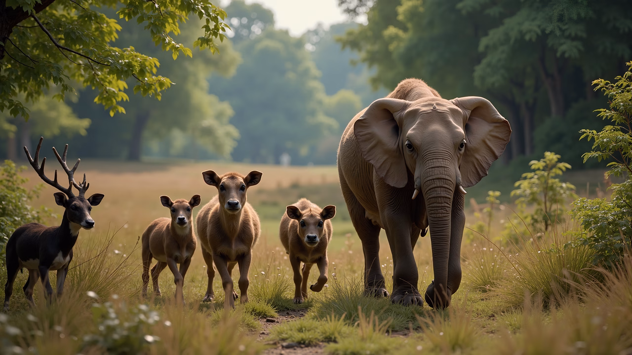 A tranquil gathering of an elephant and deer in a verdant landscape.