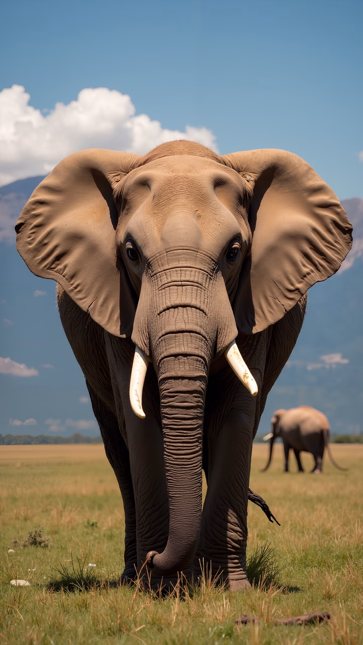 A close-up of an elephant in a serene savanna setting.
