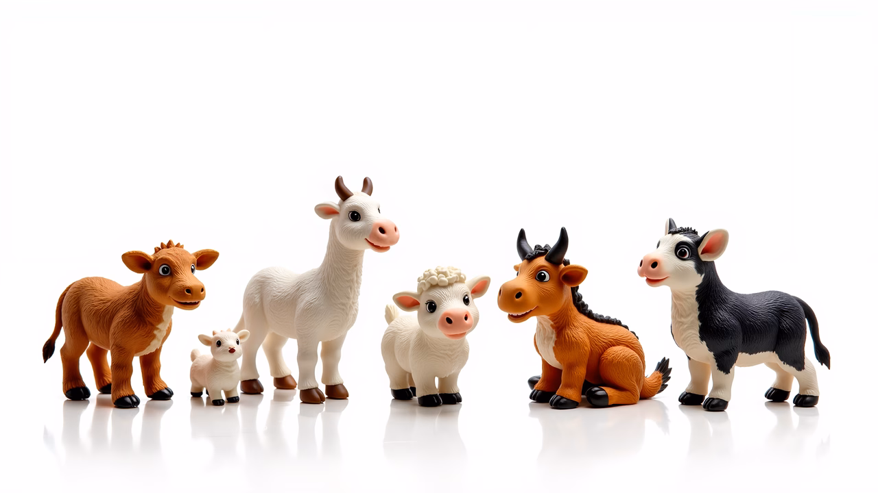 A delightful toy set of farm animals in a minimalist setting.